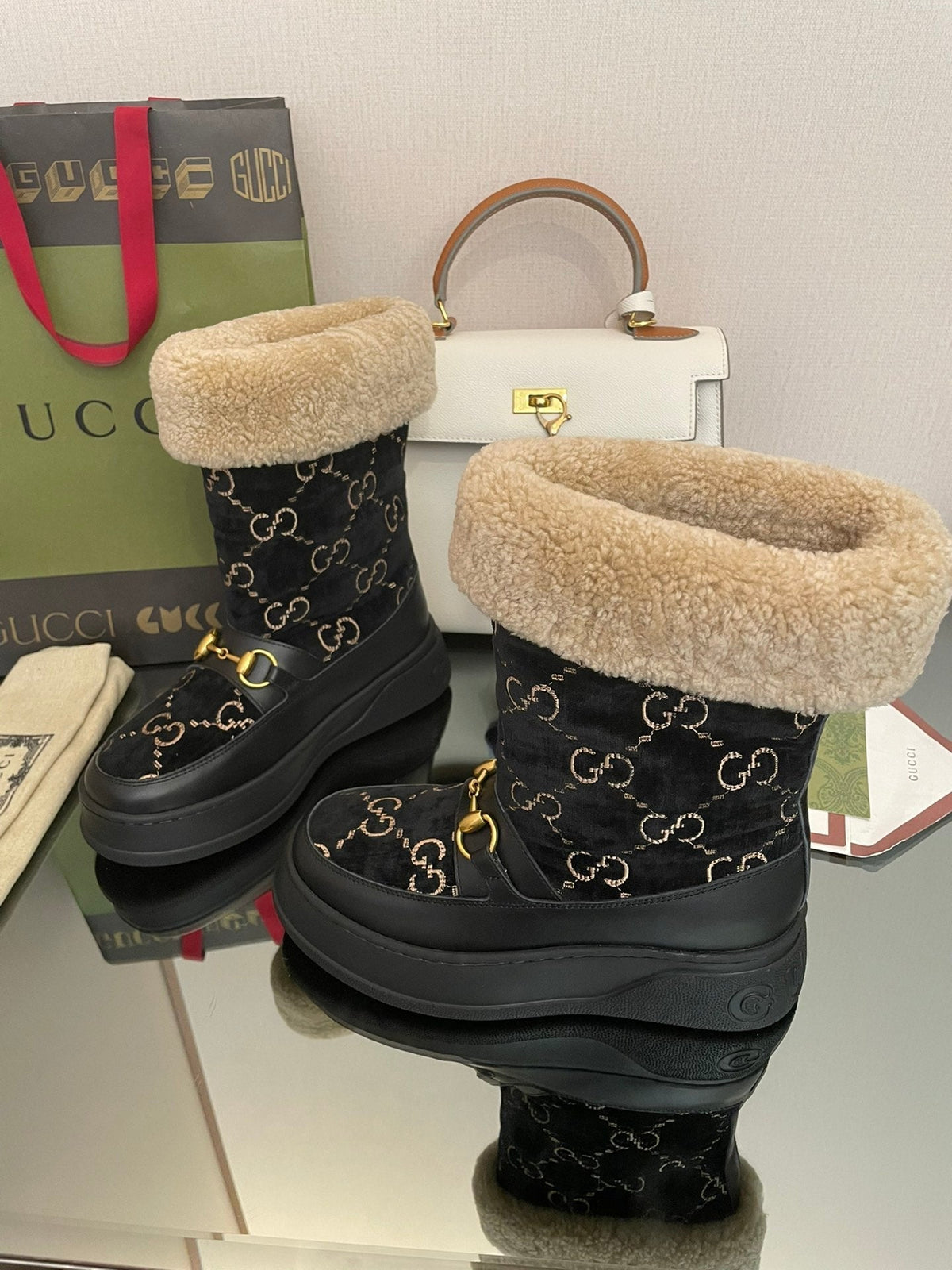 HORSEBIT SNOW ANKLE BOOTS IN BLACK MONOGRAM VELVET MIX CALFSKIN AND LAMB WOOL LINING