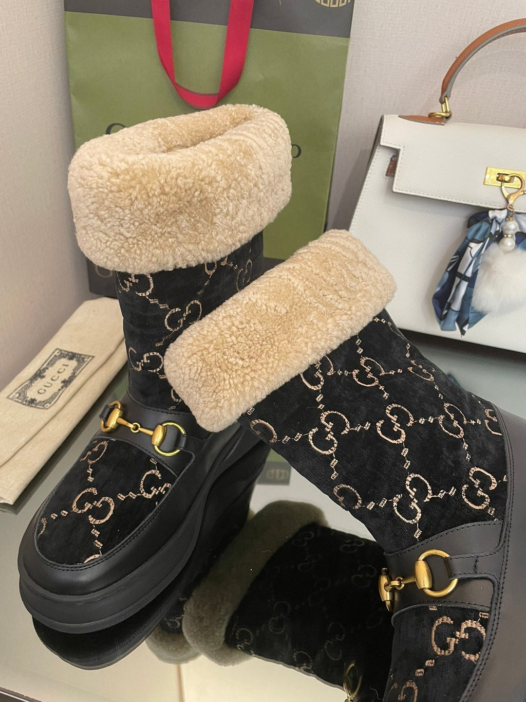 HORSEBIT SNOW ANKLE BOOTS IN BLACK MONOGRAM VELVET MIX CALFSKIN AND LAMB WOOL LINING