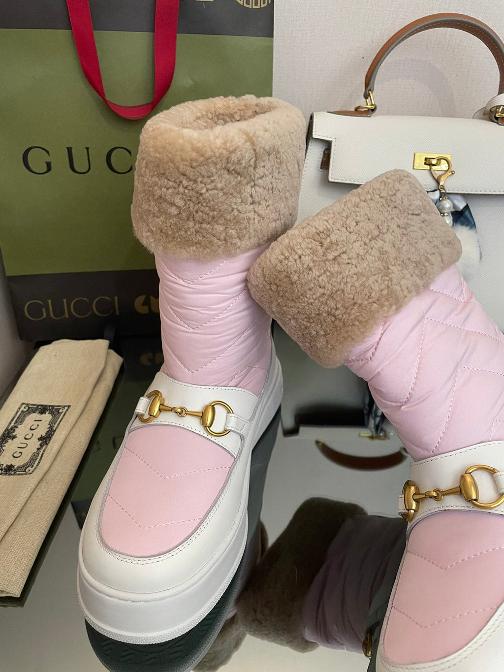HORSEBIT ANKLE BOOTS WITH MERINO TRIM IN LIGHT PINK NYLON MIX WHITE CALFSKIN
