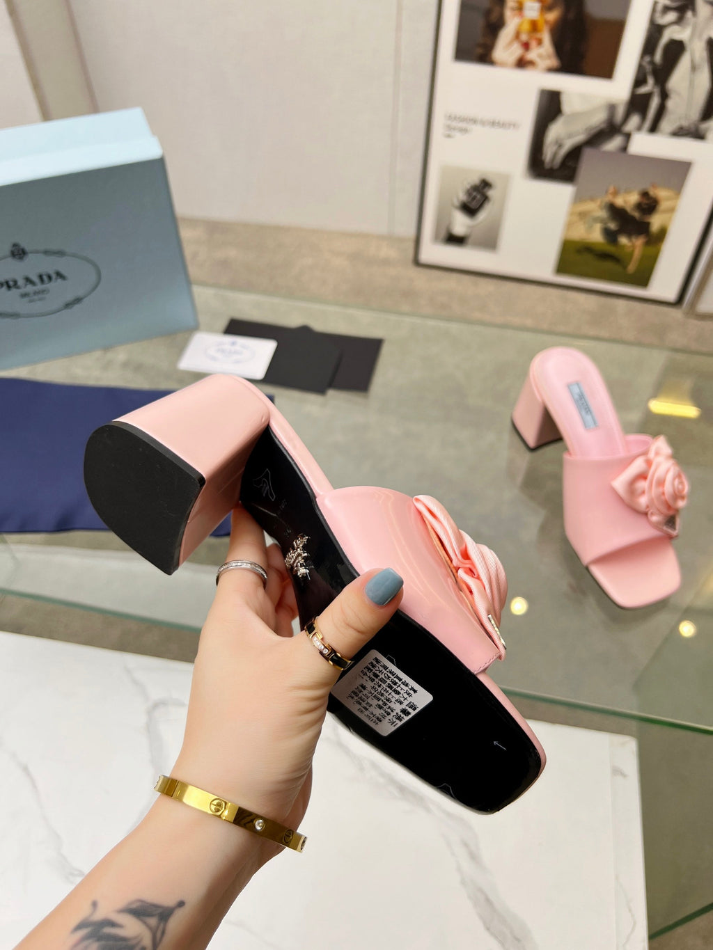 PRA FLOWER BLOCK HEELS 75 LIGHT PINK CALFSKIN