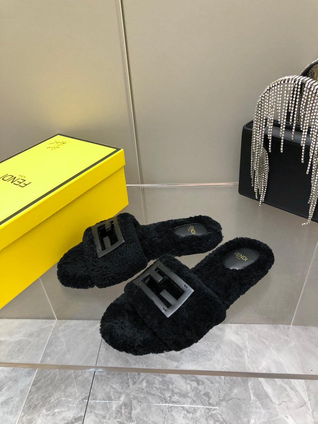 FENDI BAGUETTE SLIDE SLIPPERS IN BLACK WOOL