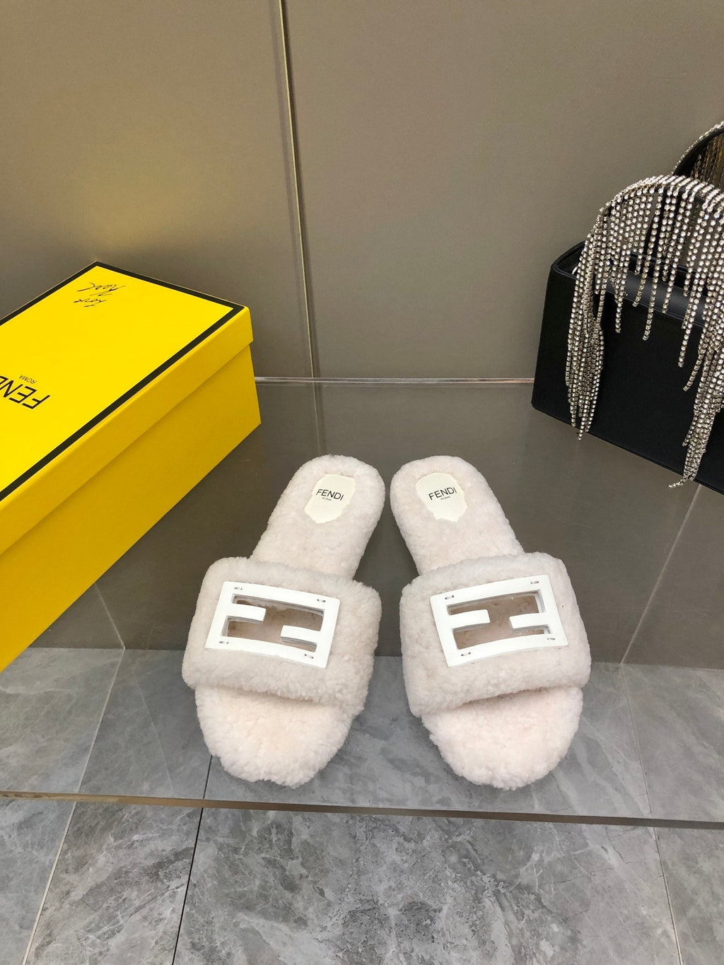 FENDI BAGUETTE SLIDE SLIPPERS IN WHITE WOOL
