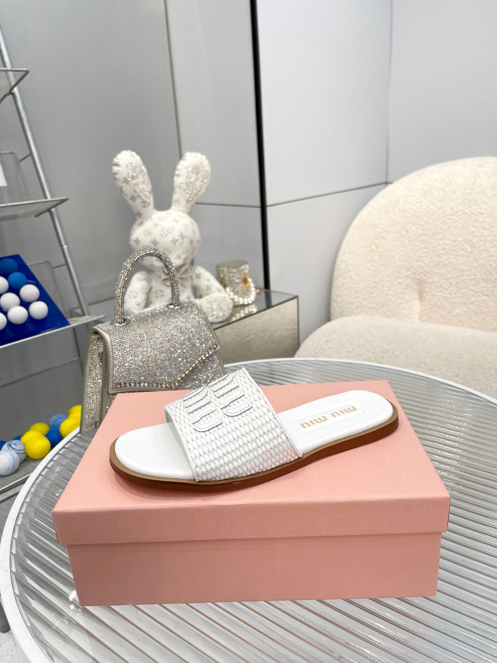 Slippers White Leather With Sedge Straps