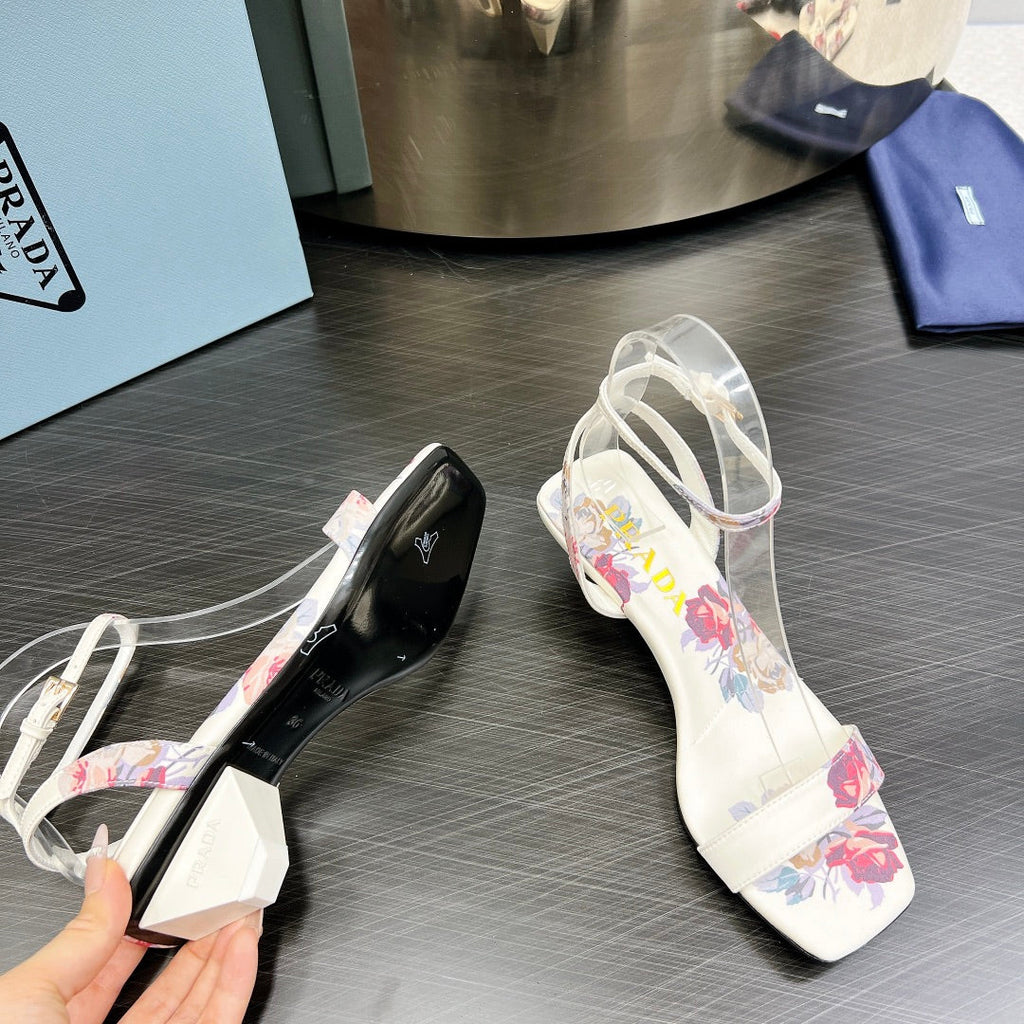 PRA TRIANGLE HEEL FLOWER MOTIF SATIN SANDALS WHITE