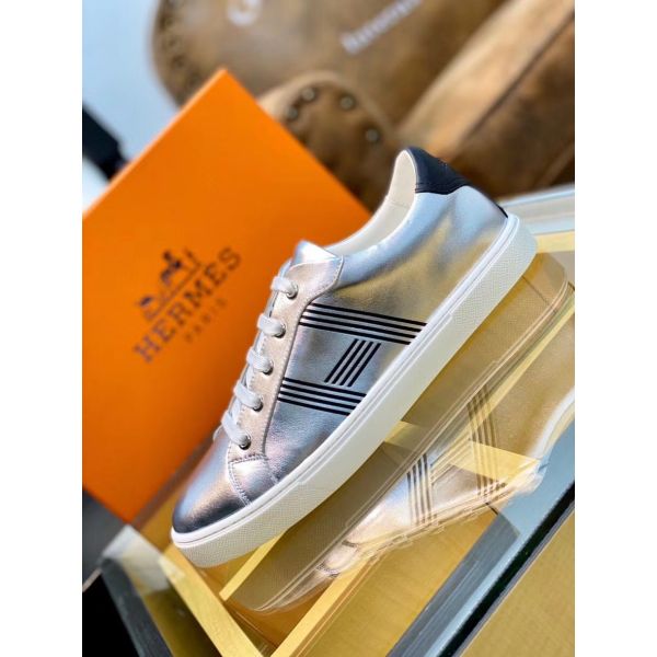 HERM Men's Avantage Sneakers In Grey Metallic Leather