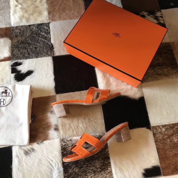 HERM Oasis Sandals In Orange Shiny Niloticus Crocodile