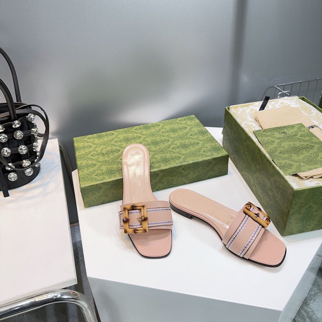 GG BAMBOO BUCKLE FLAT SANDALS BEIGE