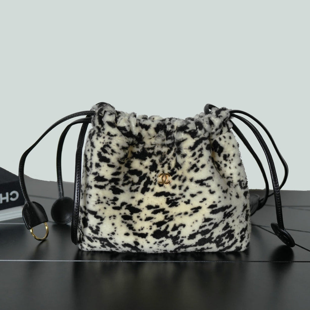 Chanel 2026 Pony Hair Printed Chic Lady Shoulder Bag Black White Wool