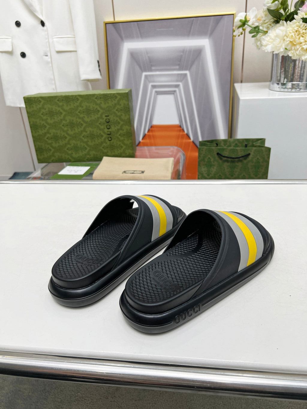 PLATFORM SLIPPERS IN BLACK MIX GRAY AND YELLOW IMPORTED TPU