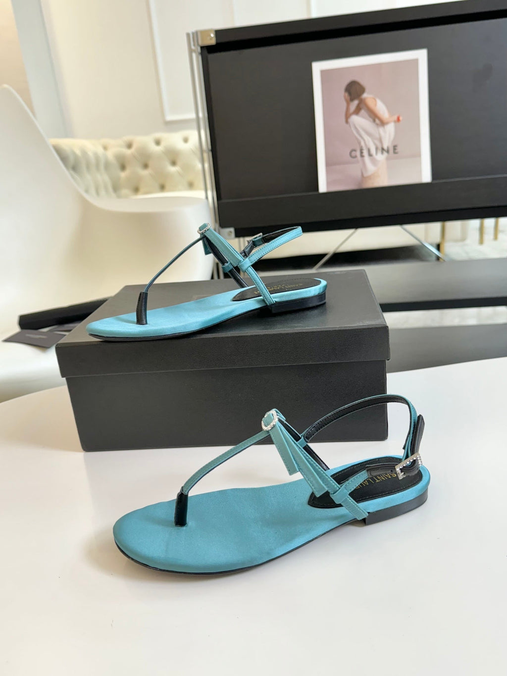SL Silk Bow T-Strap Flat Sandals Cloud Blue Leather