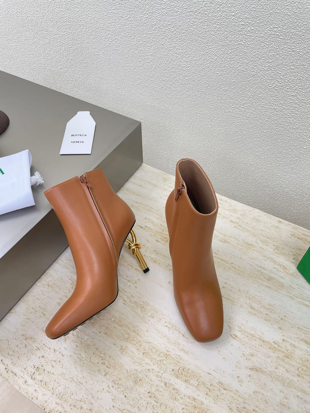 KNOT ANKLE BOOT IN BRONZE BROWN CALFSKIN WITH GOLD METAL HEEL 9 CM