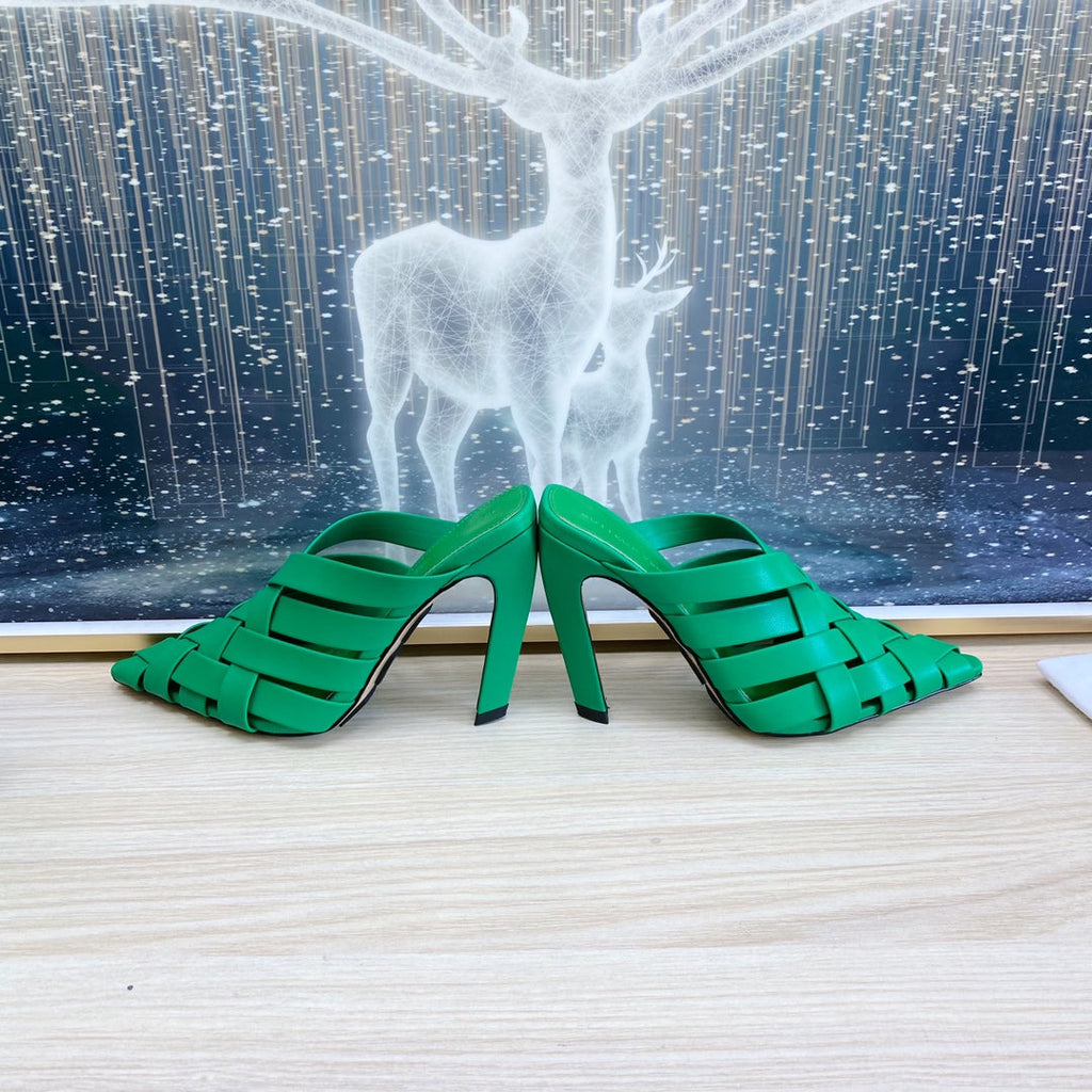 ALFIE LEATHER HIGH MULES IN EMERALD GREEN CALFSKIN WITH WOVEN DESIGN