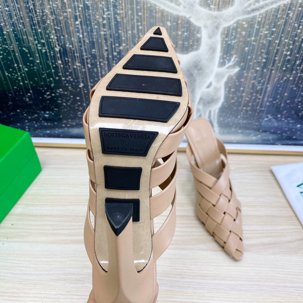 ALFIE LEATHER HIGH MULES IN CAMEL BEIGE CALFSKIN WITH WOVEN DESIGN