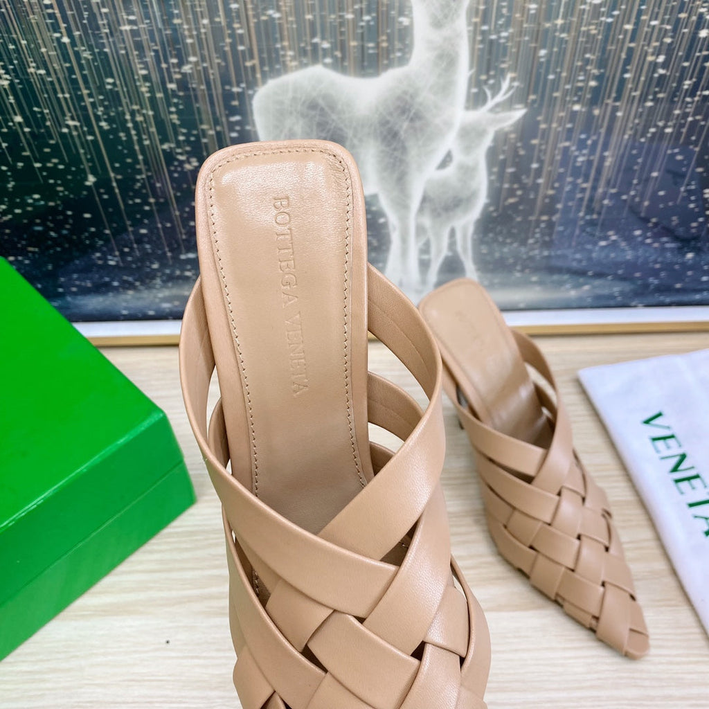 ALFIE LEATHER HIGH MULES IN CAMEL BEIGE CALFSKIN WITH WOVEN DESIGN