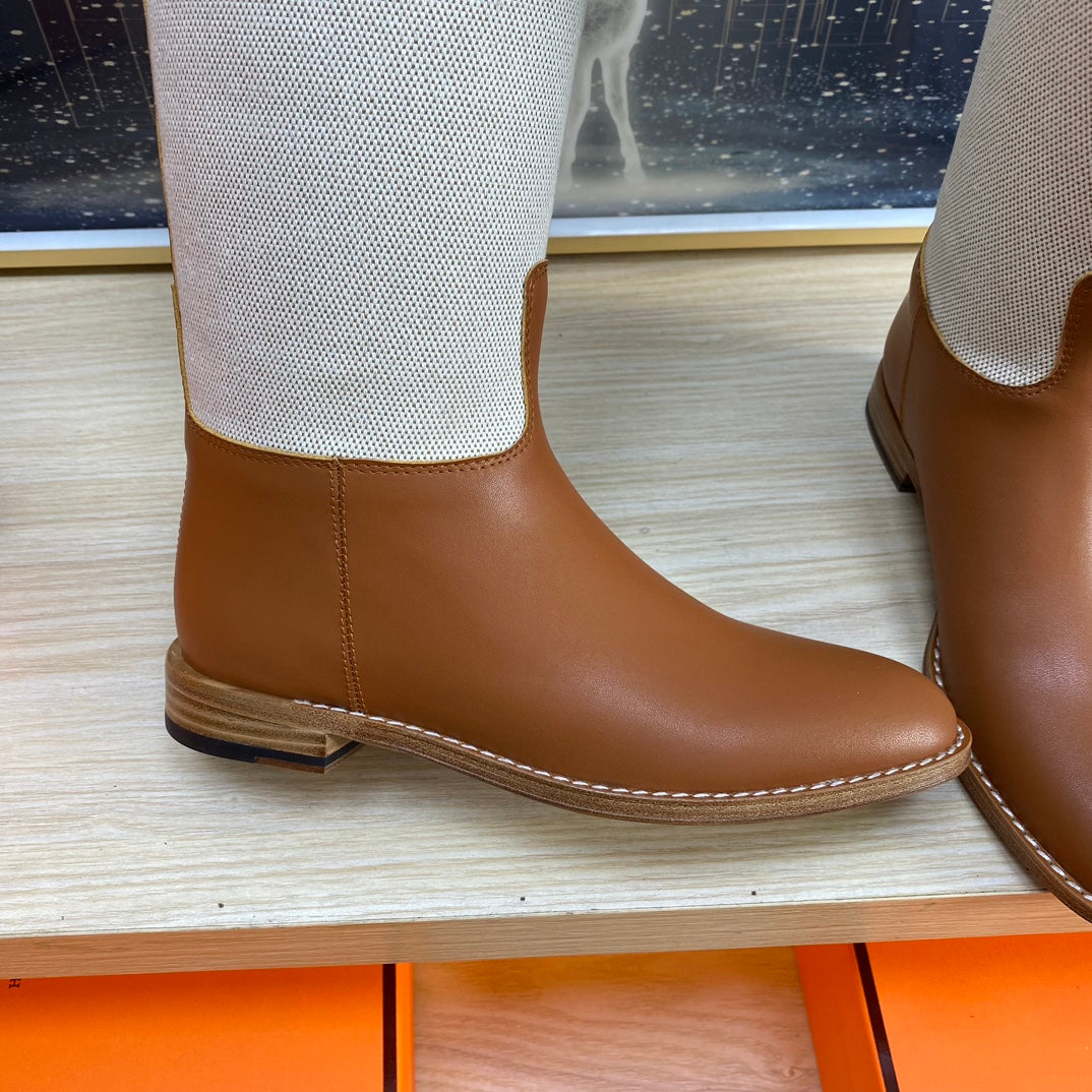 KNEE HIGH BOOTS IN BRONZE BROWN CALFSKIN AND WHITE FABRIC
