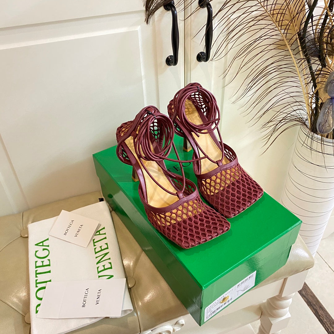 STRETCH LACE-UP SANDAL IN WINE RED METALLIZED MESH AND LEATHER 9 CM