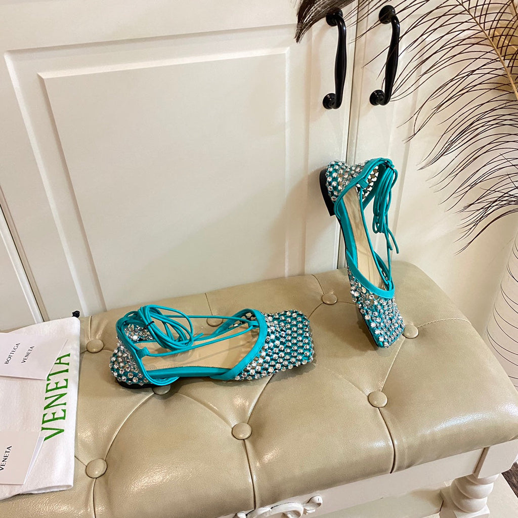 LACE-UP FLAT SANDAL IN CERULEAN BLUE METALLIZED MESH AND LEATHER WITH RHINSTONES