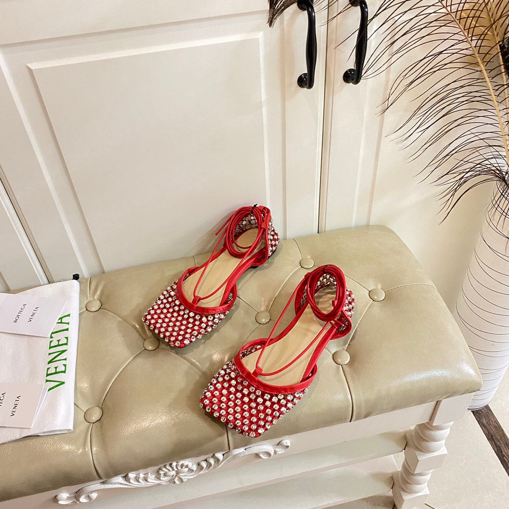 LACE-UP FLAT SANDAL IN RUBY RED METALLIZED MESH AND LEATHER WITH RHINSTONES