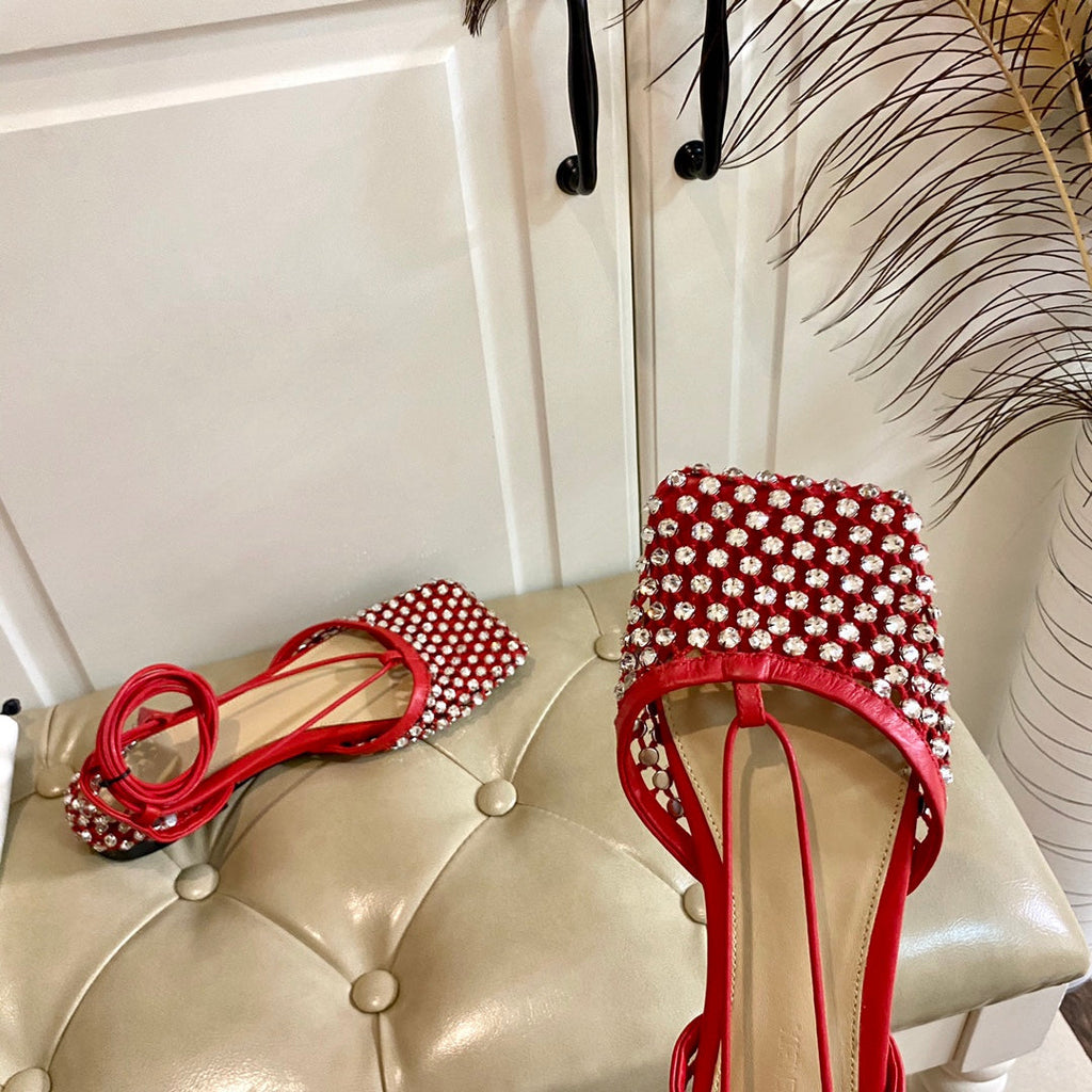LACE-UP FLAT SANDAL IN RUBY RED METALLIZED MESH AND LEATHER WITH RHINSTONES