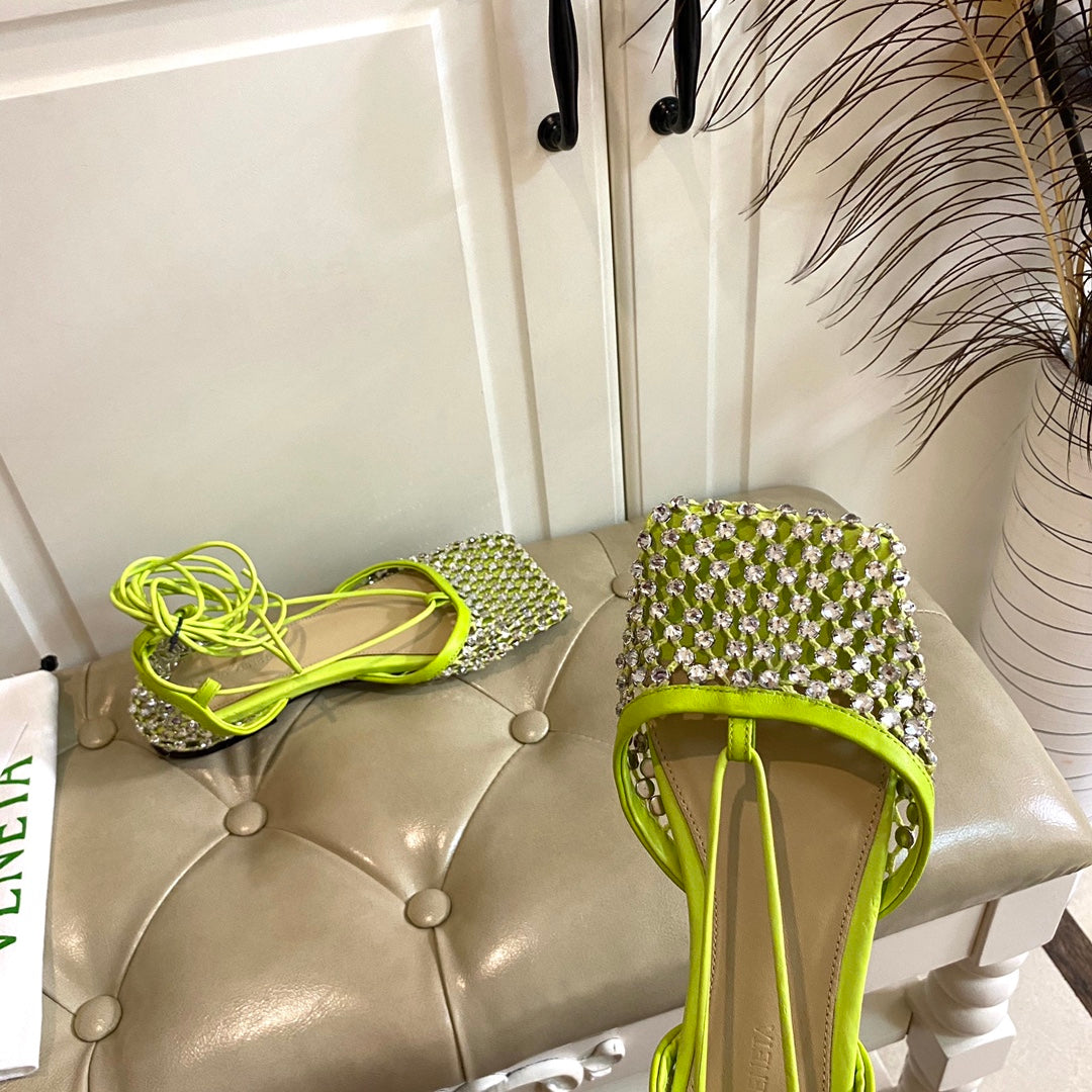LACE-UP FLAT SANDAL IN NEON YELLOW METALLIZED MESH AND LEATHER WITH RHINSTONES