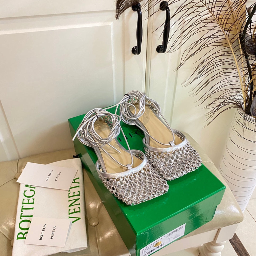 LACE-UP FLAT SANDAL IN SILVER METALLIZED MESH AND LEATHER WITH RHINSTONES