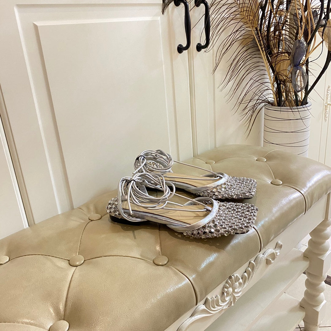 LACE-UP FLAT SANDAL IN SILVER METALLIZED MESH AND LEATHER WITH RHINSTONES