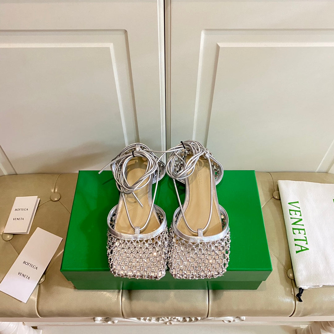 LACE-UP FLAT SANDAL IN SILVER METALLIZED MESH AND LEATHER WITH RHINSTONES