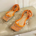 LACE-UP FLAT SANDAL IN VIVID ORANGE METALLIZED MESH AND LEATHER WITH RHINSTONES