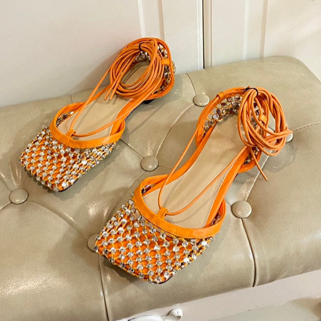 LACE-UP FLAT SANDAL IN VIVID ORANGE METALLIZED MESH AND LEATHER WITH RHINSTONES