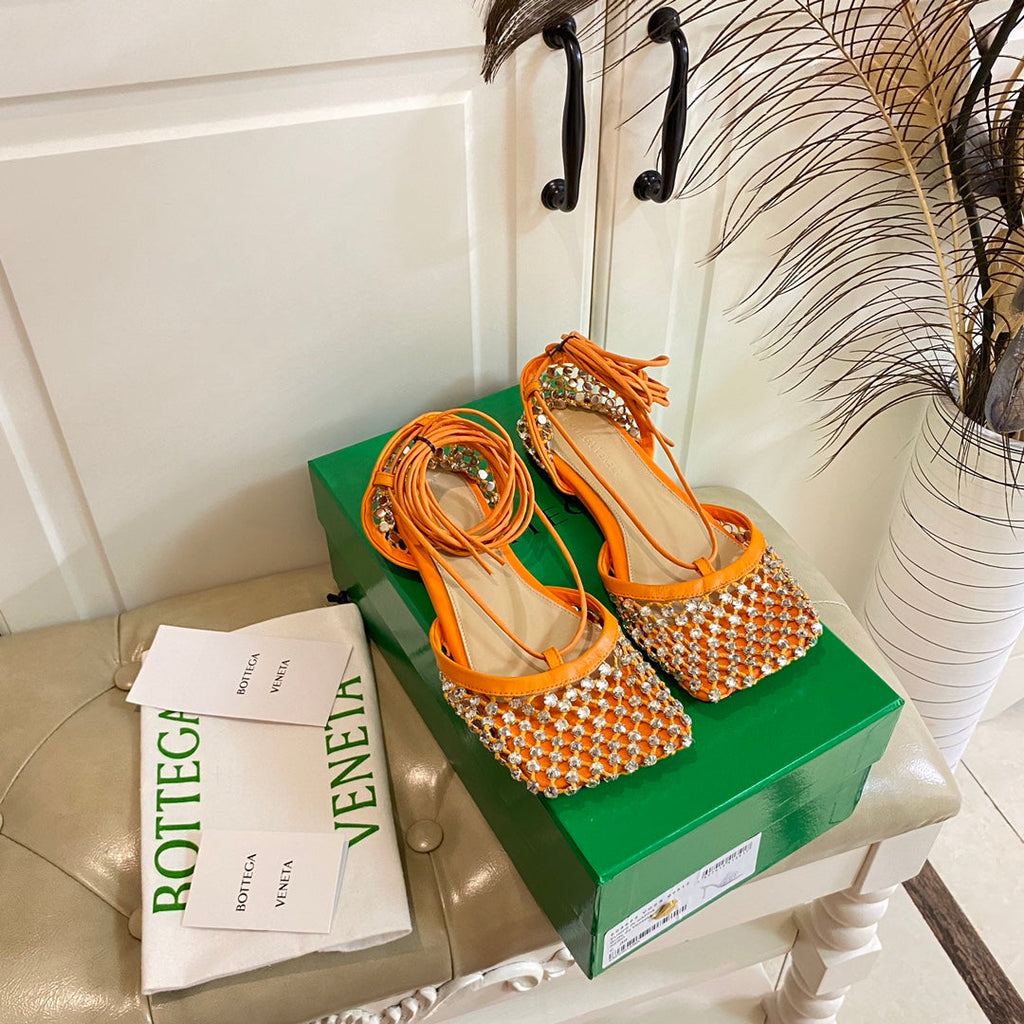 LACE-UP FLAT SANDAL IN VIVID ORANGE METALLIZED MESH AND LEATHER WITH RHINSTONES