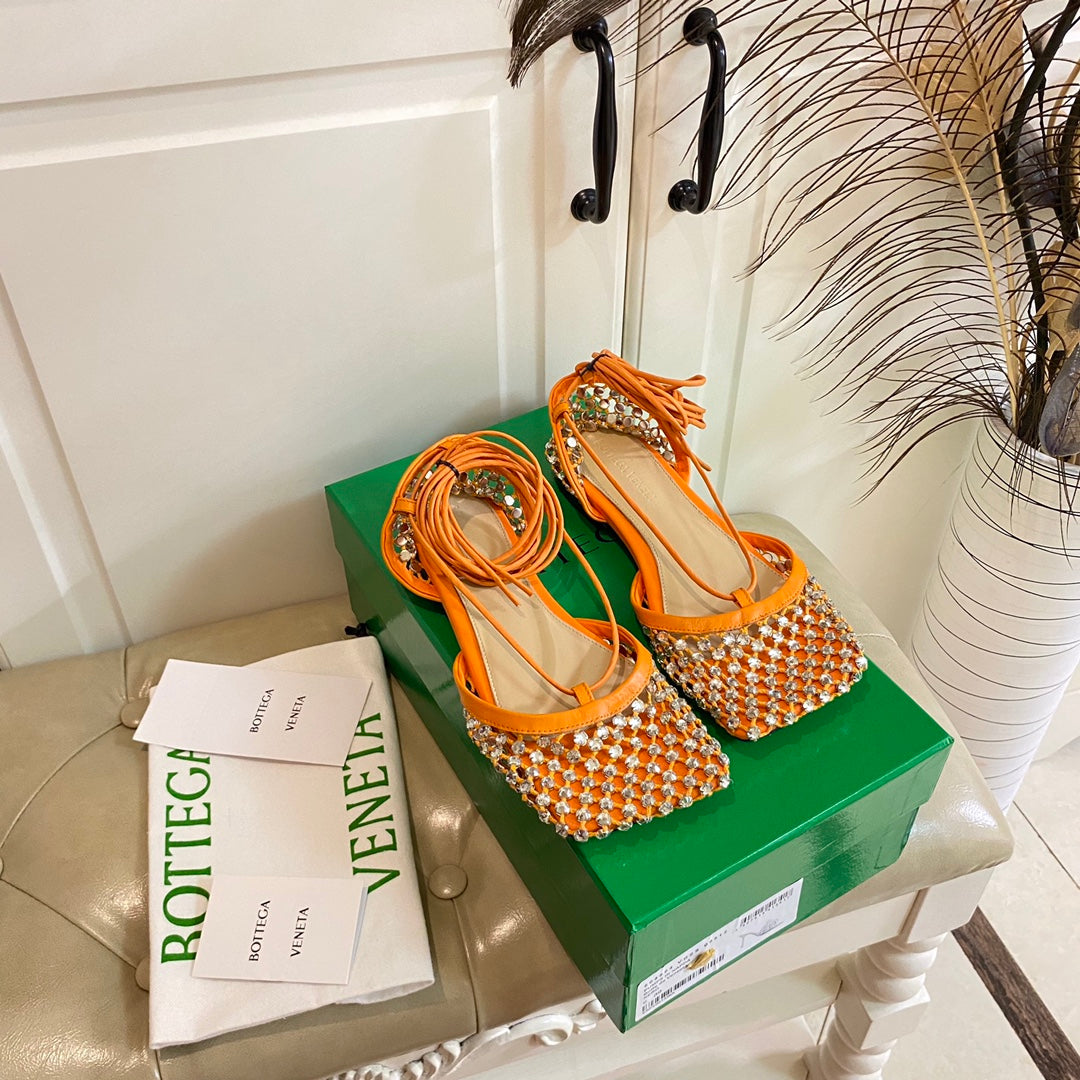 LACE-UP FLAT SANDAL IN VIVID ORANGE METALLIZED MESH AND LEATHER WITH RHINSTONES