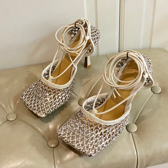 LACE-UP SANDAL IN WHITE CREAM METALLIZED MESH AND LEATHER WITH RHINSTONES 9 CM