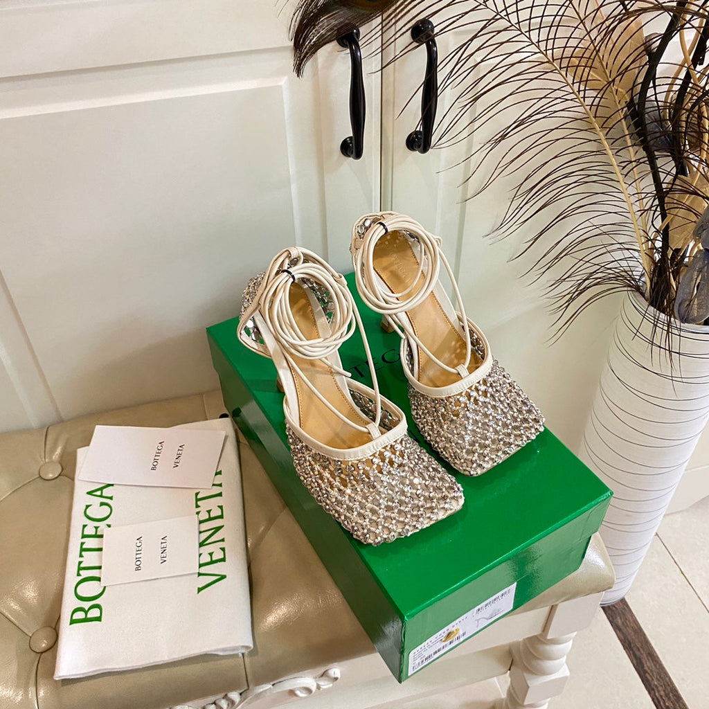 LACE-UP SANDAL IN WHITE CREAM METALLIZED MESH AND LEATHER WITH RHINSTONES 9 CM