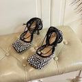 LACE-UP SANDAL IN BLACK METALLIZED MESH AND LEATHER WITH RHINSTONES 9 CM