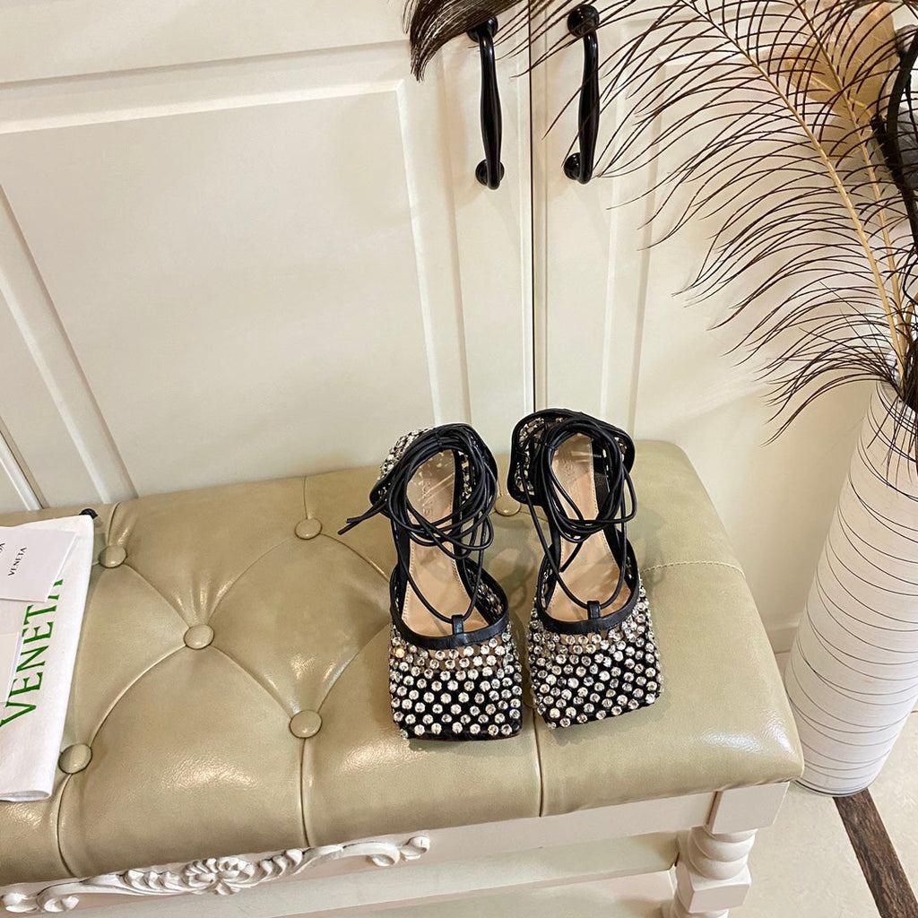 LACE-UP SANDAL IN BLACK METALLIZED MESH AND LEATHER WITH RHINSTONES 9 CM