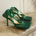 LACE-UP SANDAL IN COOL GREEN METALLIZED MESH AND LEATHER WITH RHINSTONES 9 CM