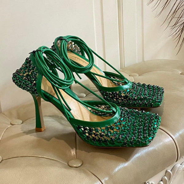 LACE-UP SANDAL IN COOL GREEN METALLIZED MESH AND LEATHER WITH RHINSTONES 9 CM