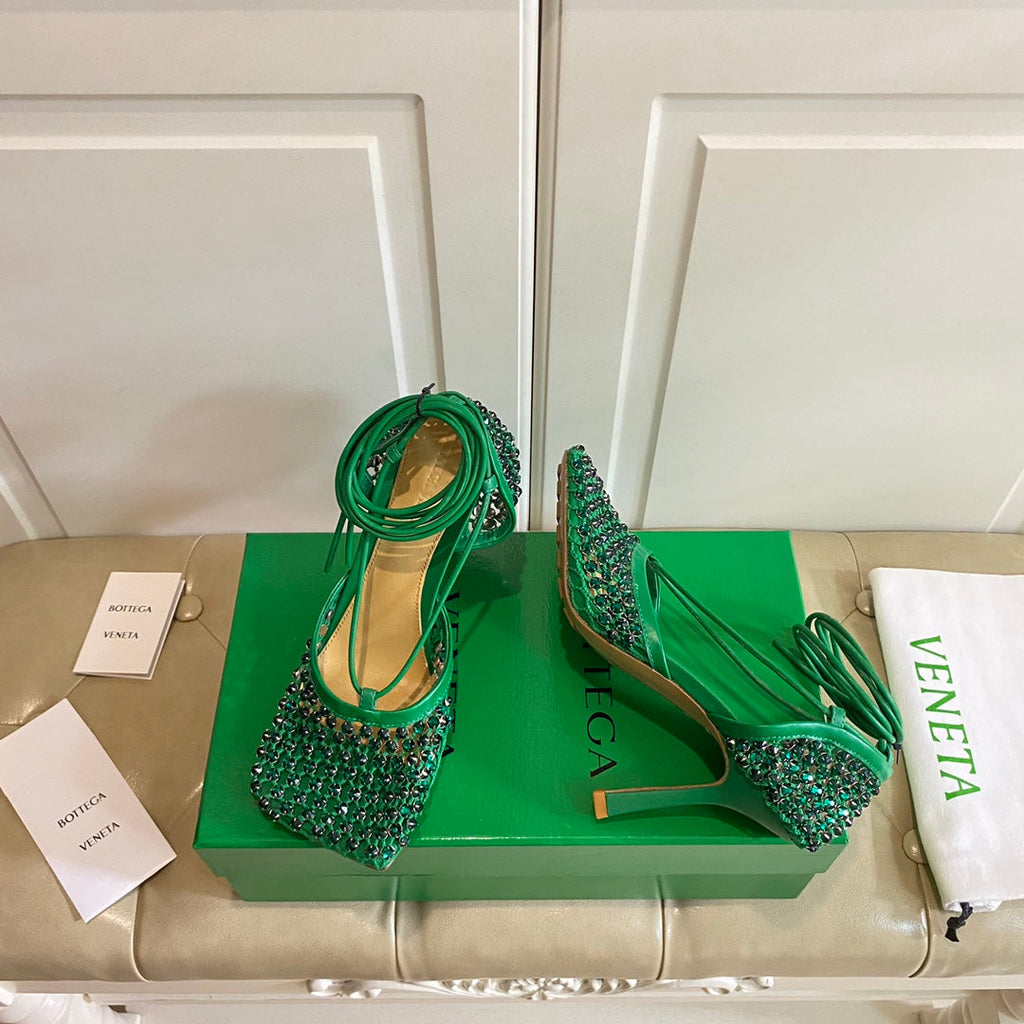 LACE-UP SANDAL IN COOL GREEN METALLIZED MESH AND LEATHER WITH RHINSTONES 9 CM
