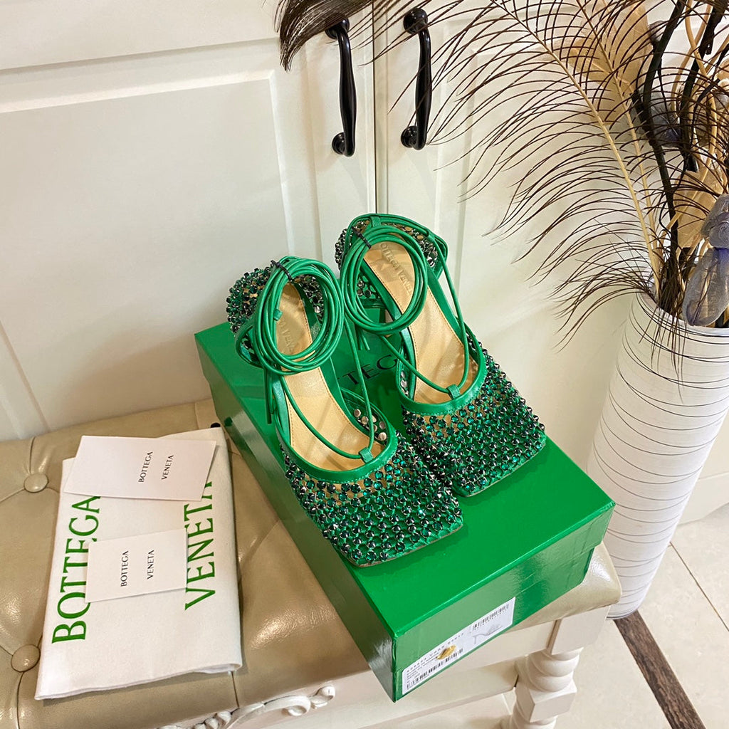 LACE-UP SANDAL IN COOL GREEN METALLIZED MESH AND LEATHER WITH RHINSTONES 9 CM