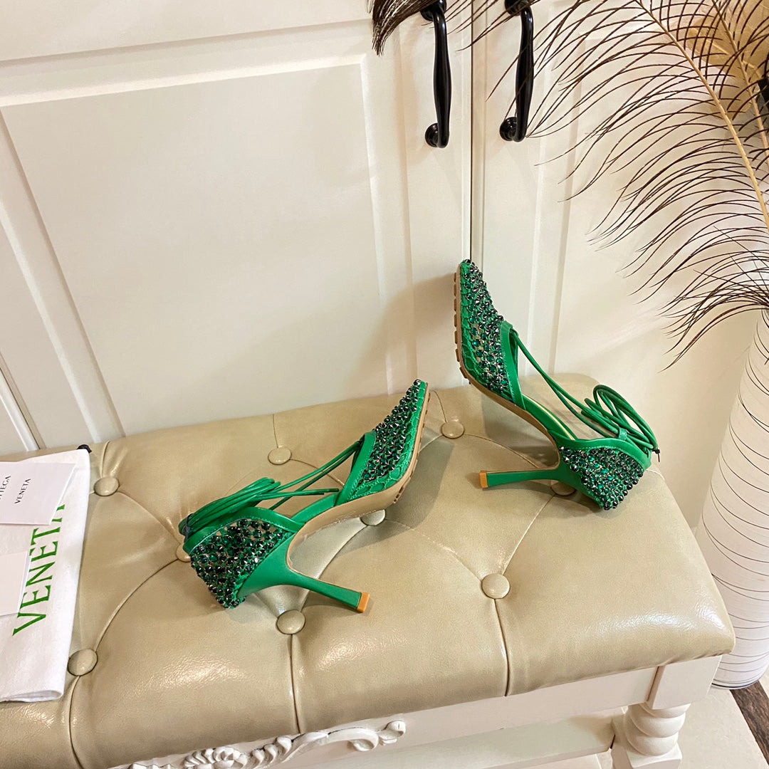LACE-UP SANDAL IN COOL GREEN METALLIZED MESH AND LEATHER WITH RHINSTONES 9 CM