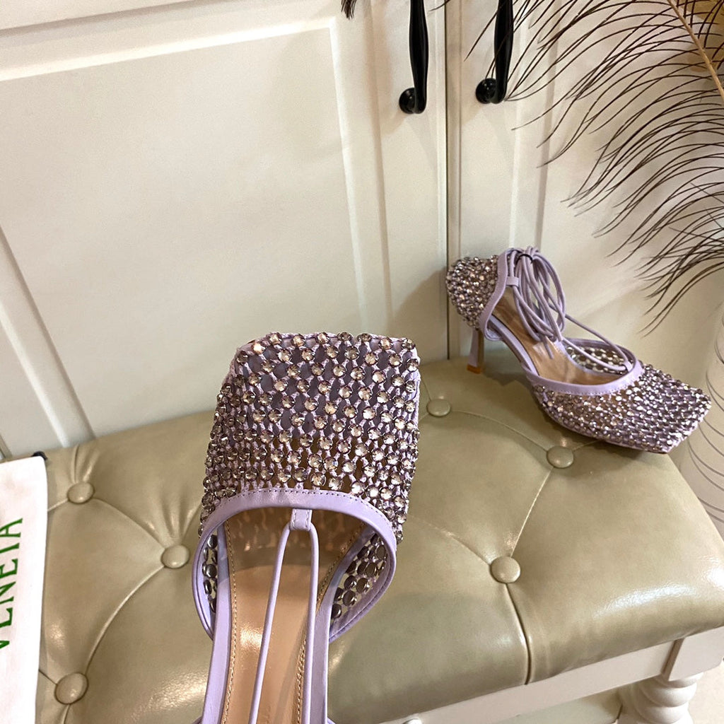 LACE-UP SANDAL IN LIGHT PURPLE METALLIZED MESH AND LEATHER WITH RHINSTONES 9 CM