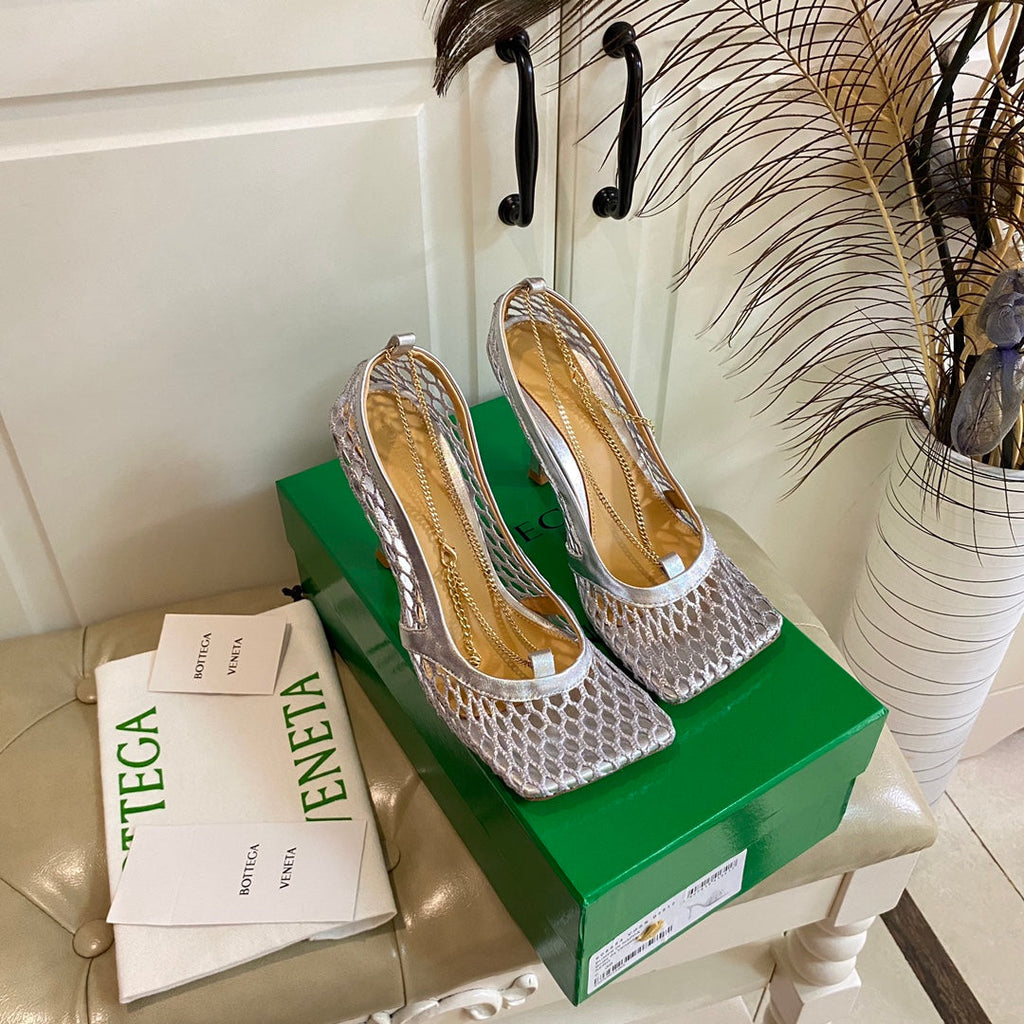 STRETCH LACE-UP SANDAL IN SILVER METALLIZED MESH AND LEATHER 9 CM