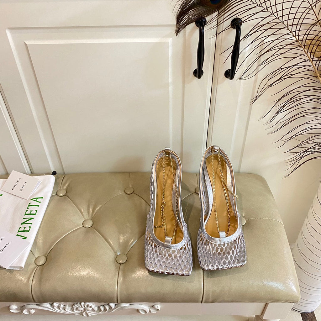STRETCH LACE-UP SANDAL IN SILVER METALLIZED MESH AND LEATHER 9 CM