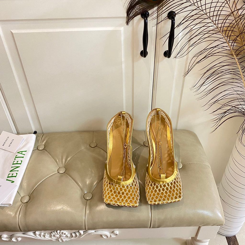 STRETCH LACE-UP SANDAL IN GOLD METALLIZED MESH AND LEATHER 9 CM