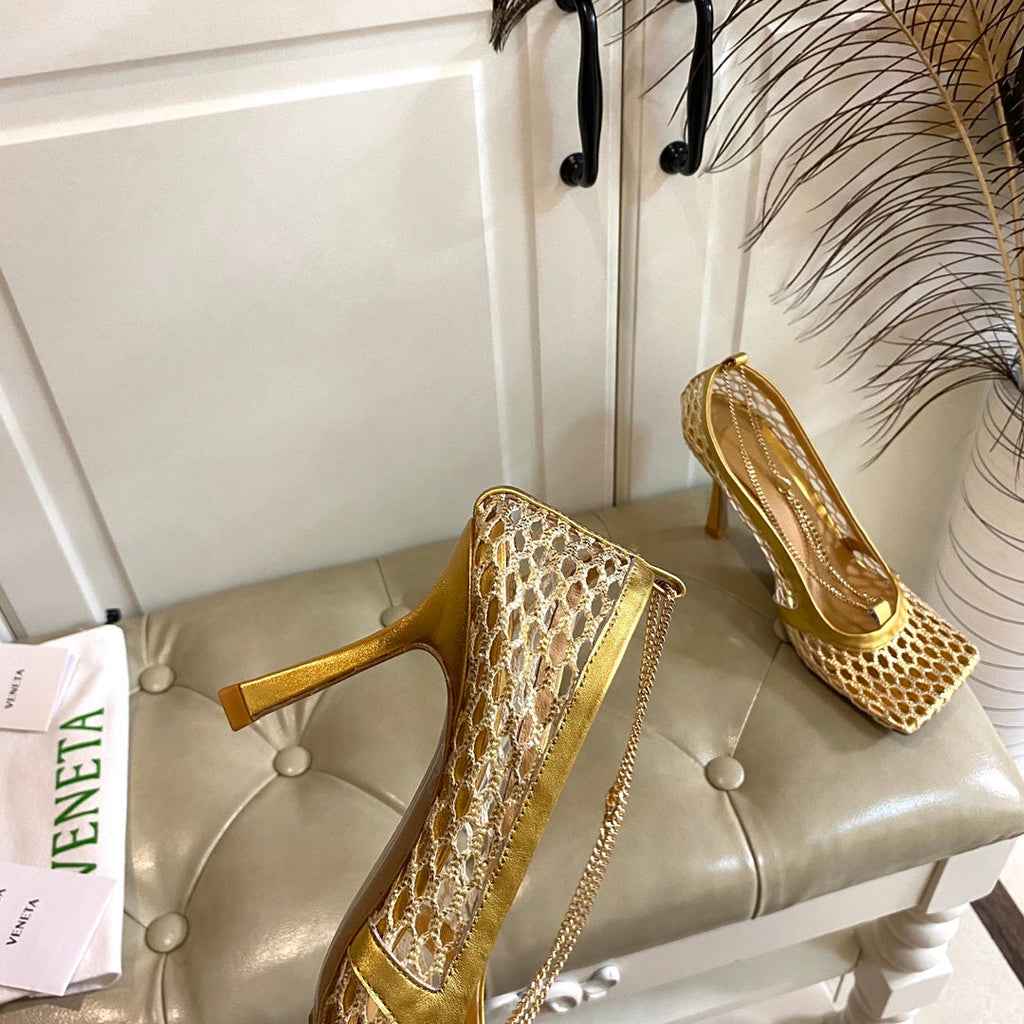 STRETCH LACE-UP SANDAL IN GOLD METALLIZED MESH AND LEATHER 9 CM