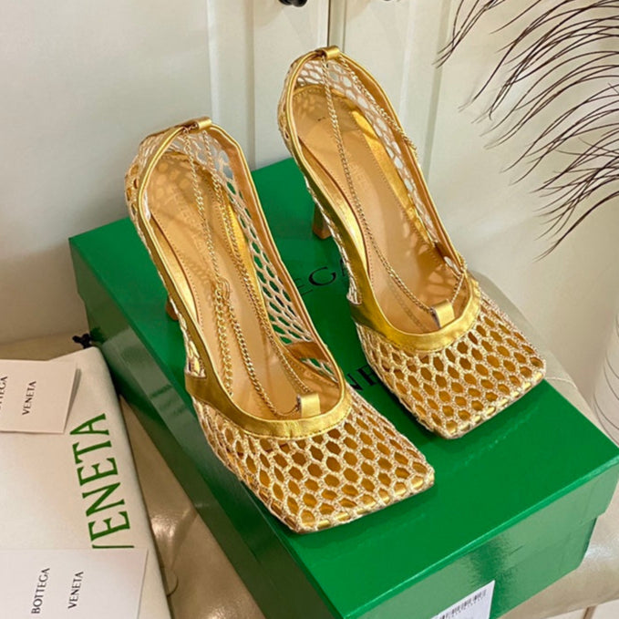 STRETCH LACE-UP SANDAL IN GOLD METALLIZED MESH AND LEATHER 9 CM