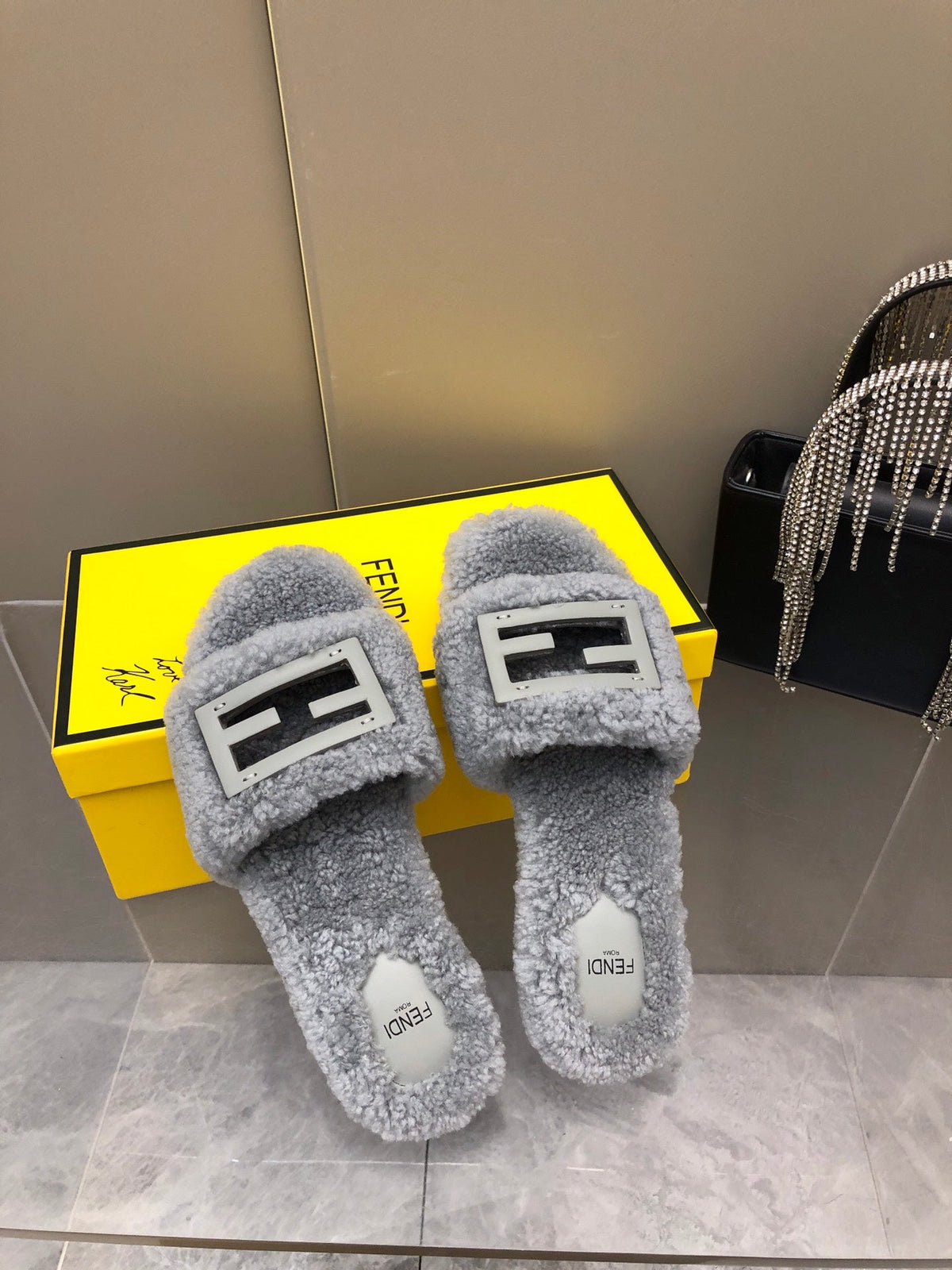 FENDI BAGUETTE SLIDE SLIPPERS IN GREY WOOL
