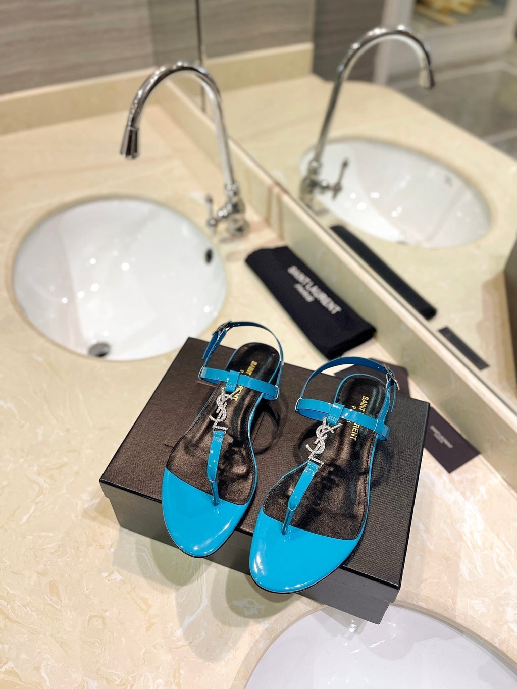 SL CASSANDRA SANDALS CERULEAN POLISHED CALFSKIN