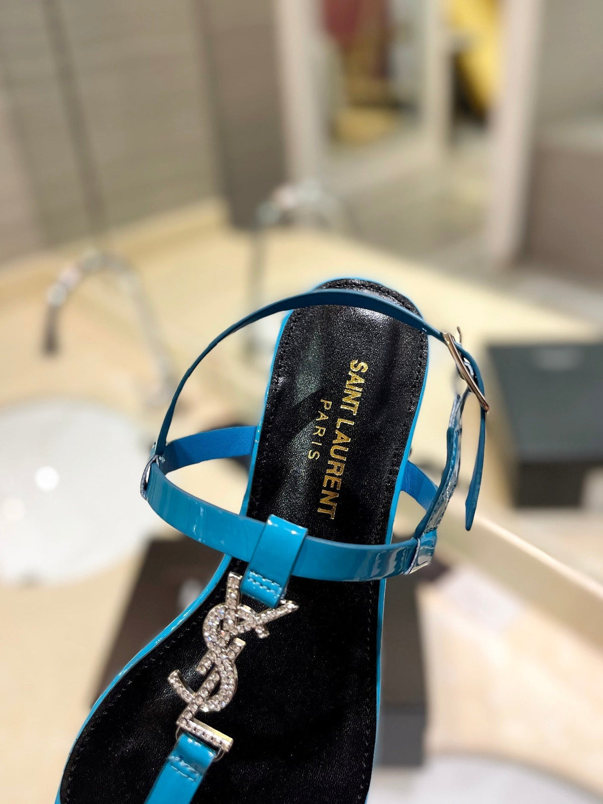 SL CASSANDRA SANDALS CERULEAN POLISHED CALFSKIN